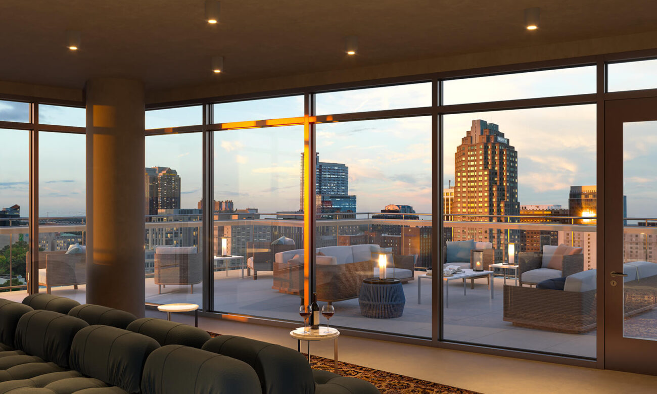 View of West Lenoir's outdoor seating area with a view of the city.